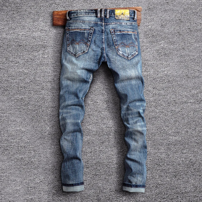 Italian Style Fashion Men Jeans Retro Blue Elastic Slim Fit Ripped Jeans Men High Quality Vintage Designer Denim Pants Hombre