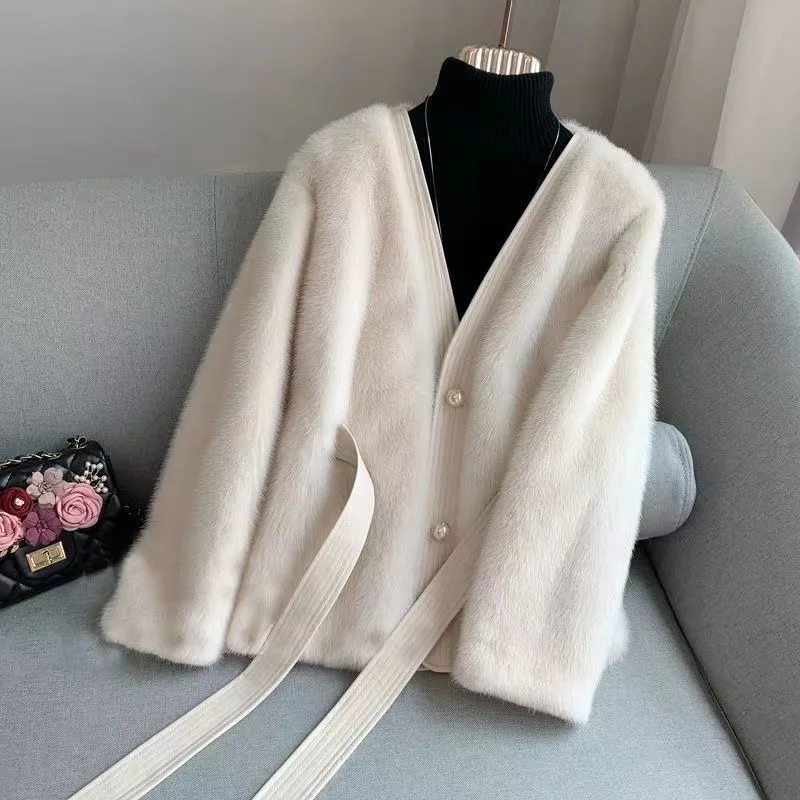 2023 Winter New Artificial Mink Hair Fur Coat Women Imitation Fox Fur Slim Fit Outwear Fashion V-neck Solid Color Luxury Jacket