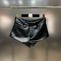 PREPOMP 2024 Spring New Collection Fake Pockets Design Black Slim Pu Leather Shorts Women GP232 1
