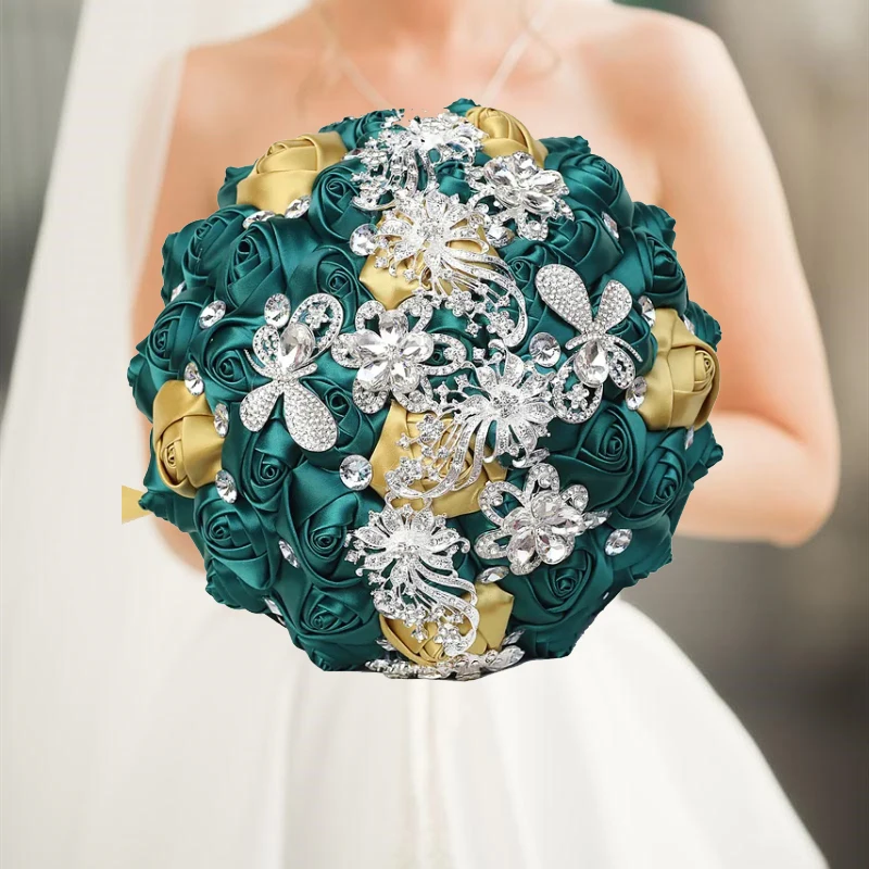 

Green Rhinestone Brooch Wedding Bouquet for Bride Bridesmaid High Quality Ribbon Flowers Many Size and Colors