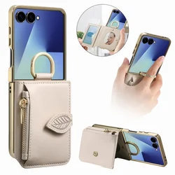 Luxury PU Leather Zipper Wallet Mobile Phone Case with Ring Card Holder - Samsung Z Flip 4 (Beige)