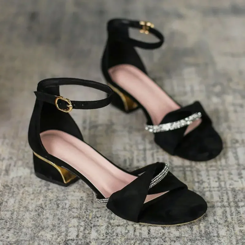 One Word High Heels with Strap Ladies Shoes Summer 2025 Thick Heel