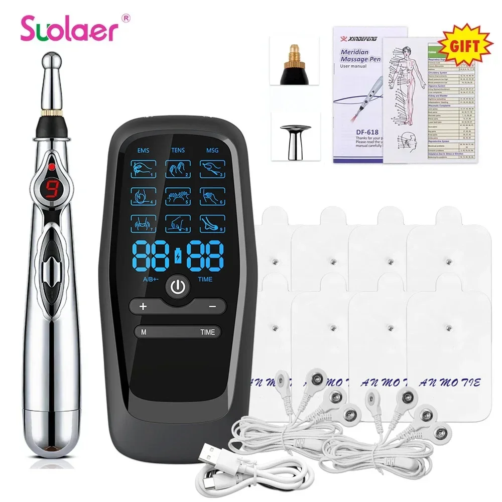 Professional EMS Muscle Electrostimulator Physiotherapy Tens Machine Body Massager + Electronic Acupuncture Energy Massage Pen