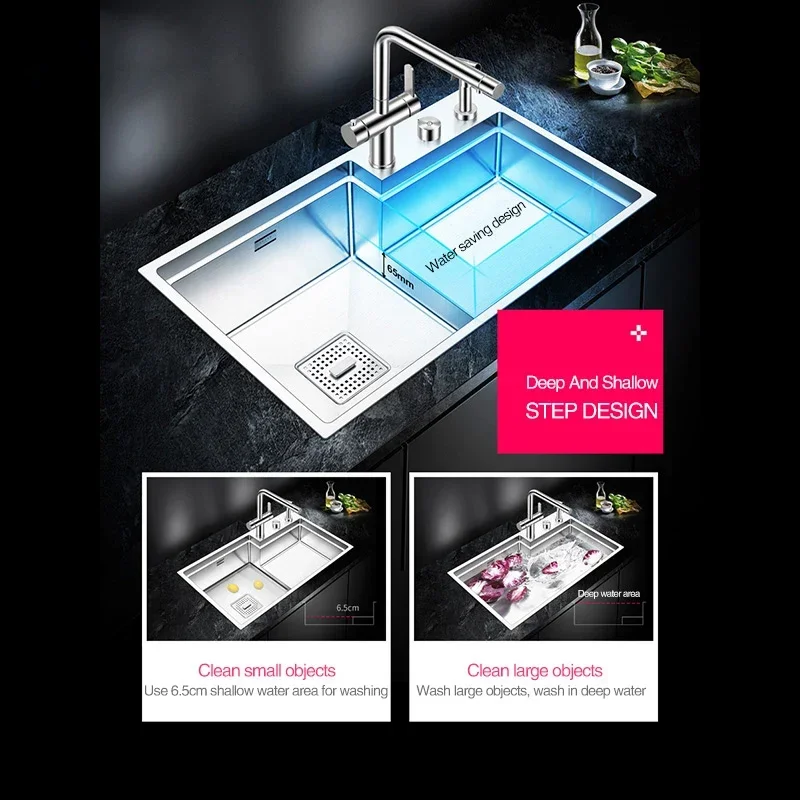 ASRAS Handmade Brushed Stepped Kitchen Sinks 304 Stainless Steel Large Size 4mm Thickness 220mm Depth Stepped Kitchen Sink