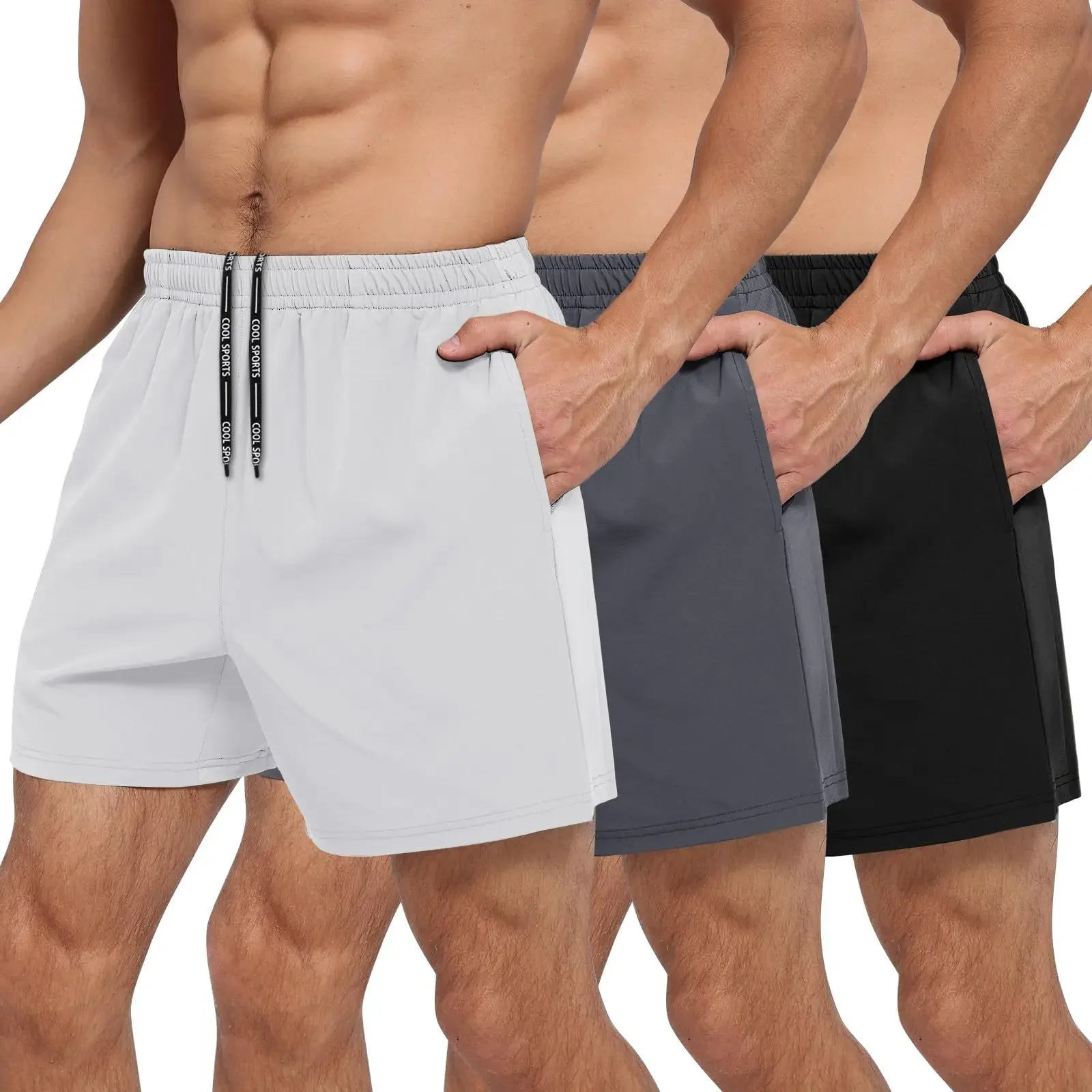 Men's Quick Dry Running Pants Casual Fitness Sports Shorts with Zipper Pockets Three-in-One Design Comfortable Breathable