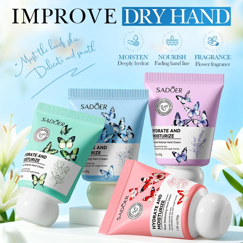 4pcs SADOER Flowers Hand Cream Sets Rose Sakura Moisturizing Anti Wrinkle Nourishing Anti-Aging Hands Skin Care Products