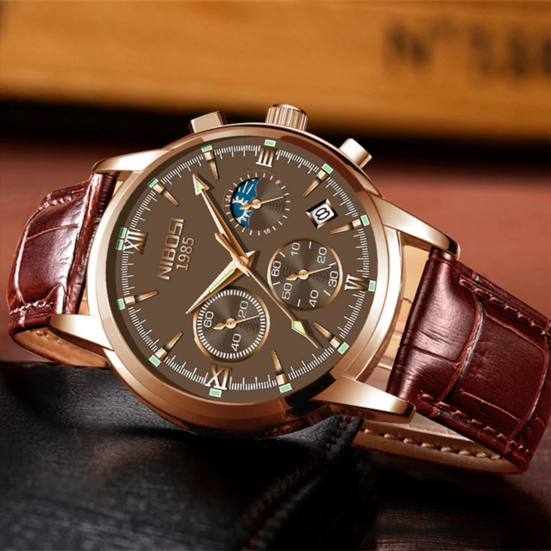 NIBOSI Fashion Mens Watches Top Brand Luxury Leather Strap Waterproof Moon Phase Chronograph Quartz Watch Men Relogio Masculino