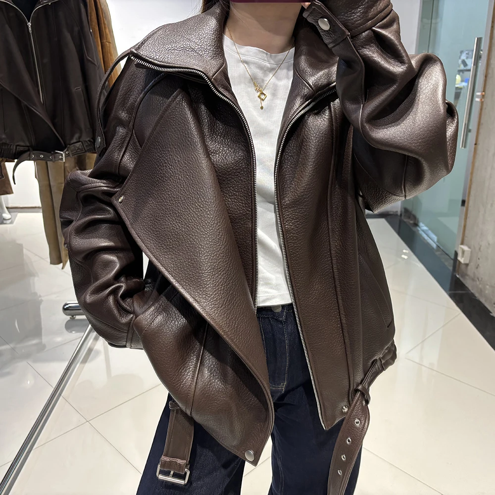 YOLOAgain Women's Real Leather Jacket 2025 Autumn Oversized Vintage Sheepskin Coat Female