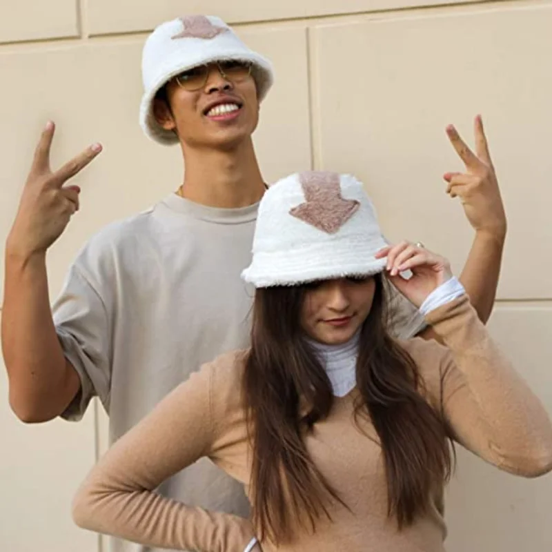 Women Appa Bucket Hat Lamb Wool Hat Winter Warm Fishing Caps Faux Fur Arrow Symbol Printed Bucket Hat for Men Tide Flat Top Hats 2