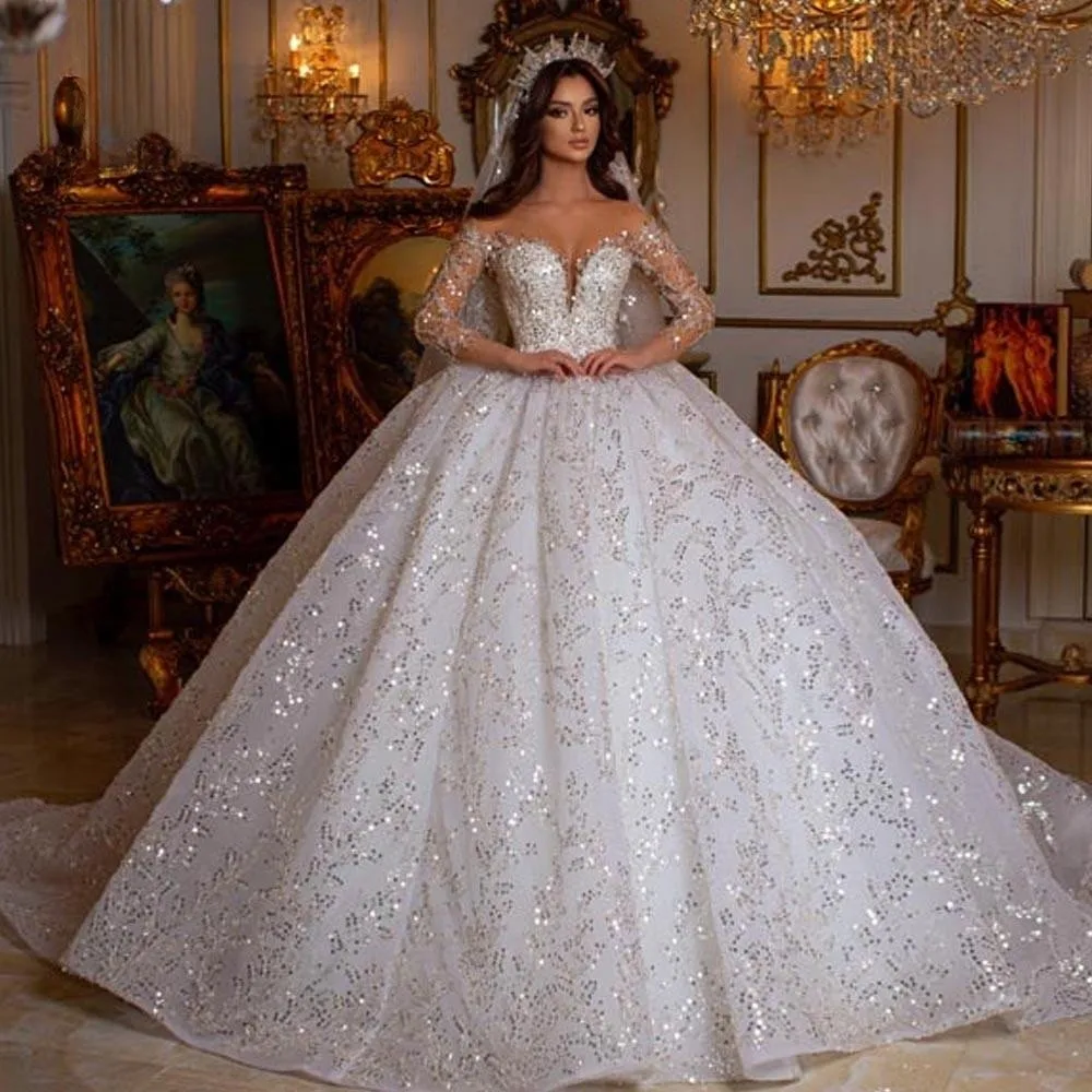 Haute Couture Gorgeous Bride Dress With Sweetheart Long Sleeve Embroidery Sequined Tulle Floor-Length Ball Gown Wedding Dress one shoulder organza ruffle gown seethrough lush tulle ball gown dress floor length evening dresses with trian layered dress