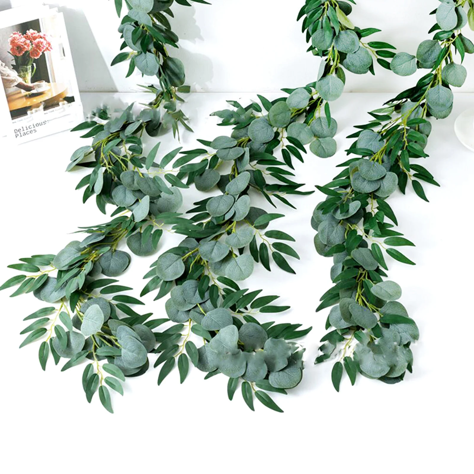 Description Picture 2 of itemArtificial willow leaf eucalyptus garland artificial vine plant fake eucalyptus vine wedding background arch home room decoratio