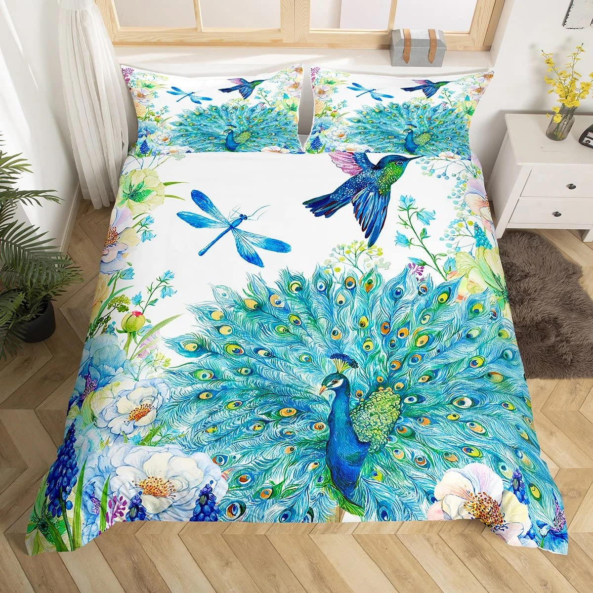 Hummingbird Dragonfly Bedding Set Peacock Duvet Cover King Queen Size