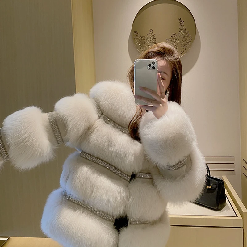 

2023New Real Fox Fur Coat For Women's Winter Warm Thick Diamond Stitching Decoration Fashion Genuine Fox Fur Jackets Women's Clo