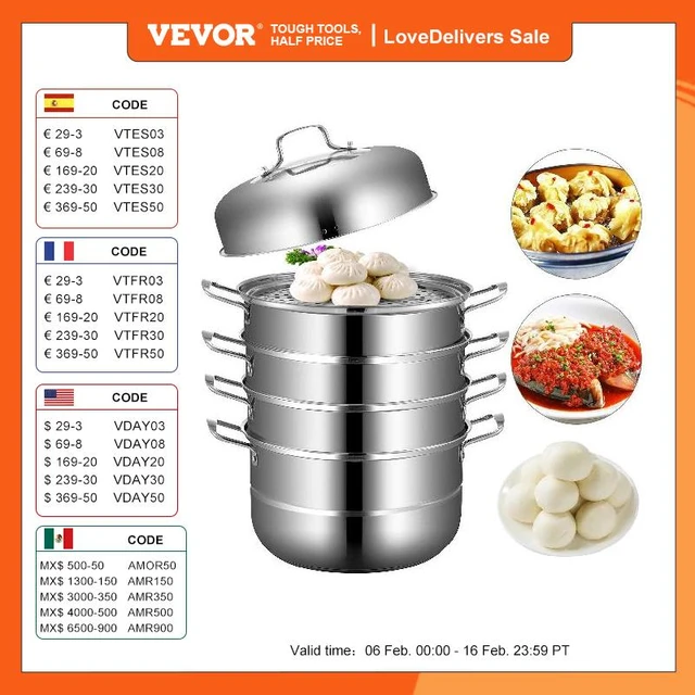 VEVOR Vaporiera 28/30cm in Acciaio Inox 304 Pentola a Vapore 5 Piani Con  Coperchio Set