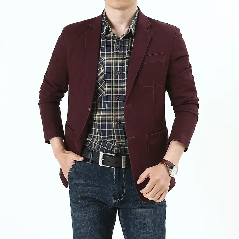 HOO New Men's Casual Denim blazer Stretch Loose Double Button