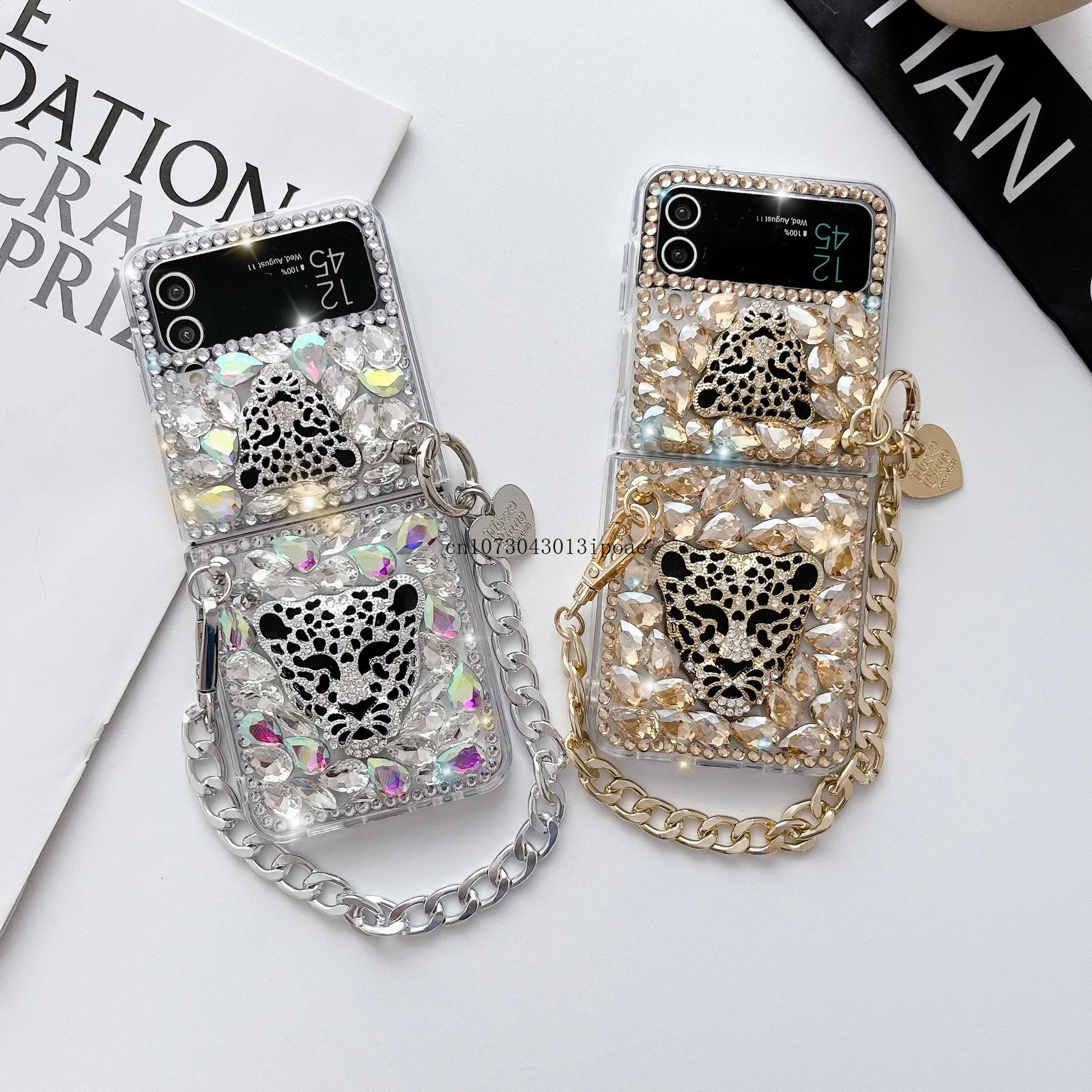 

For Samsung ZFlip4 Phone Case Rhinestone Leopard Head Luxury ZFlip3 Full of Diamonds Bracelet Full Coverage Phone Cases