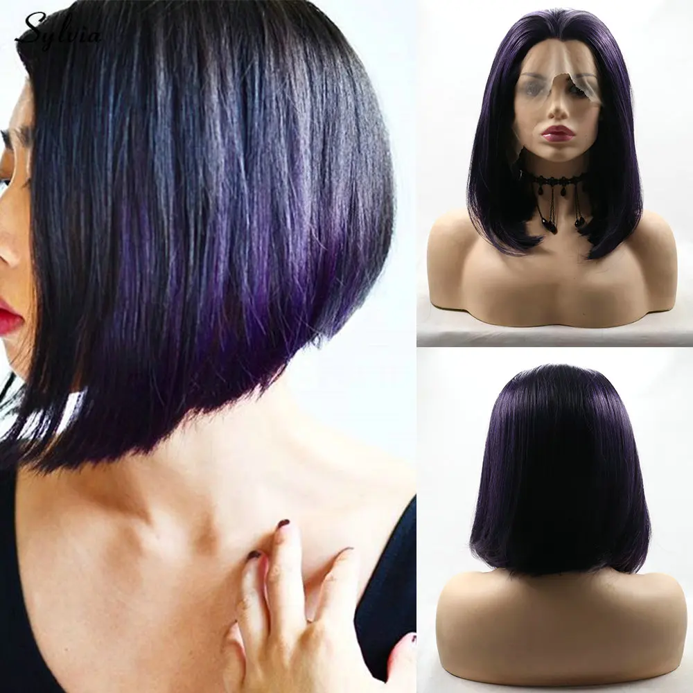 

Sylvia Purple Mixed Black Short Straight Bob Wigs Synthetic Lace Front Wigs for Women Heat Resistant Fiber Lightweight Hair Wig