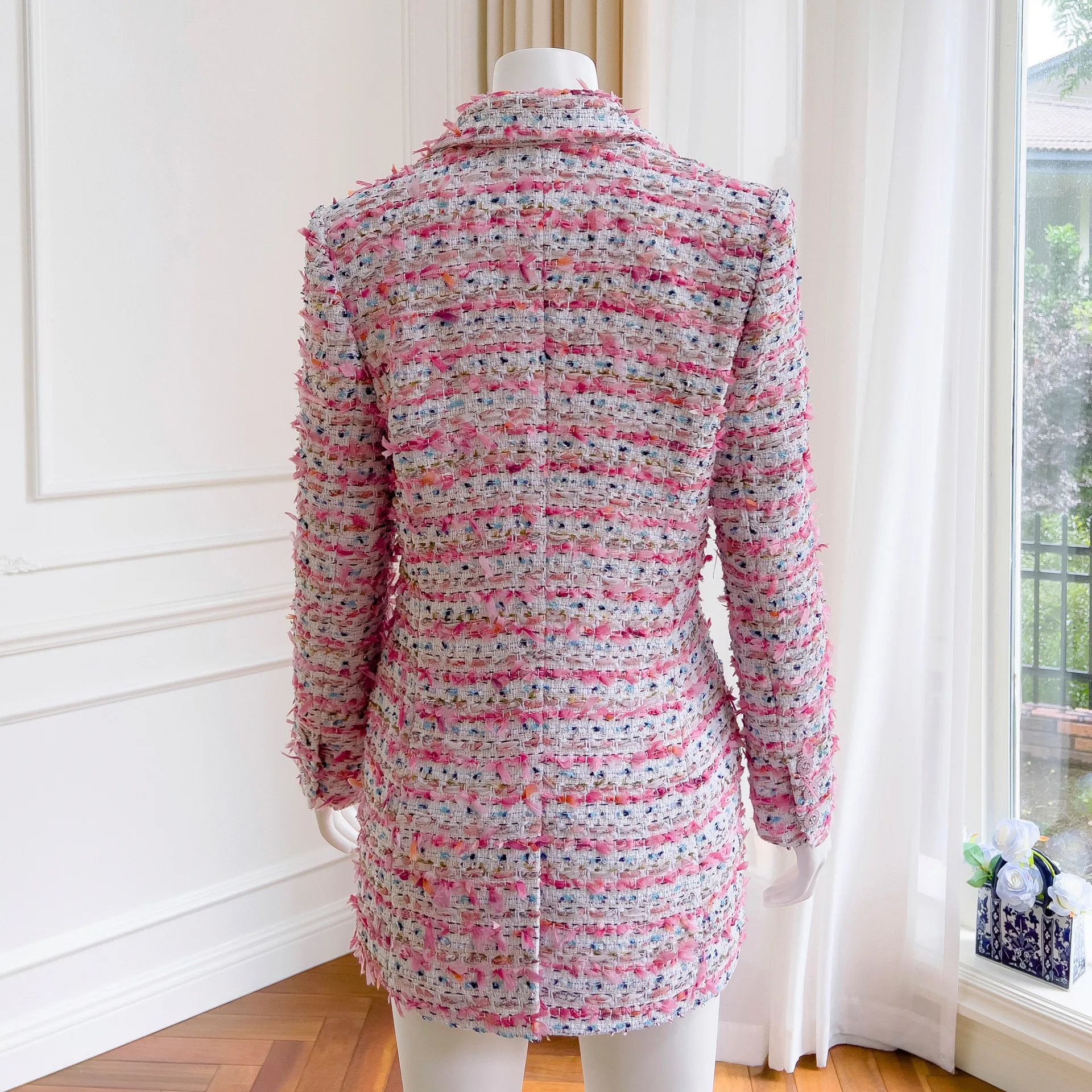 Fashion Pink Long Sleeve Lapel Women's Coat 2023 Autumn Winter French Style Tweed Single-Breasted Stitching Slimmimg Overcoat