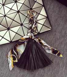 Fringed Leather & Silk Scarf - Inspired Bag Charm with Keychain (Black)