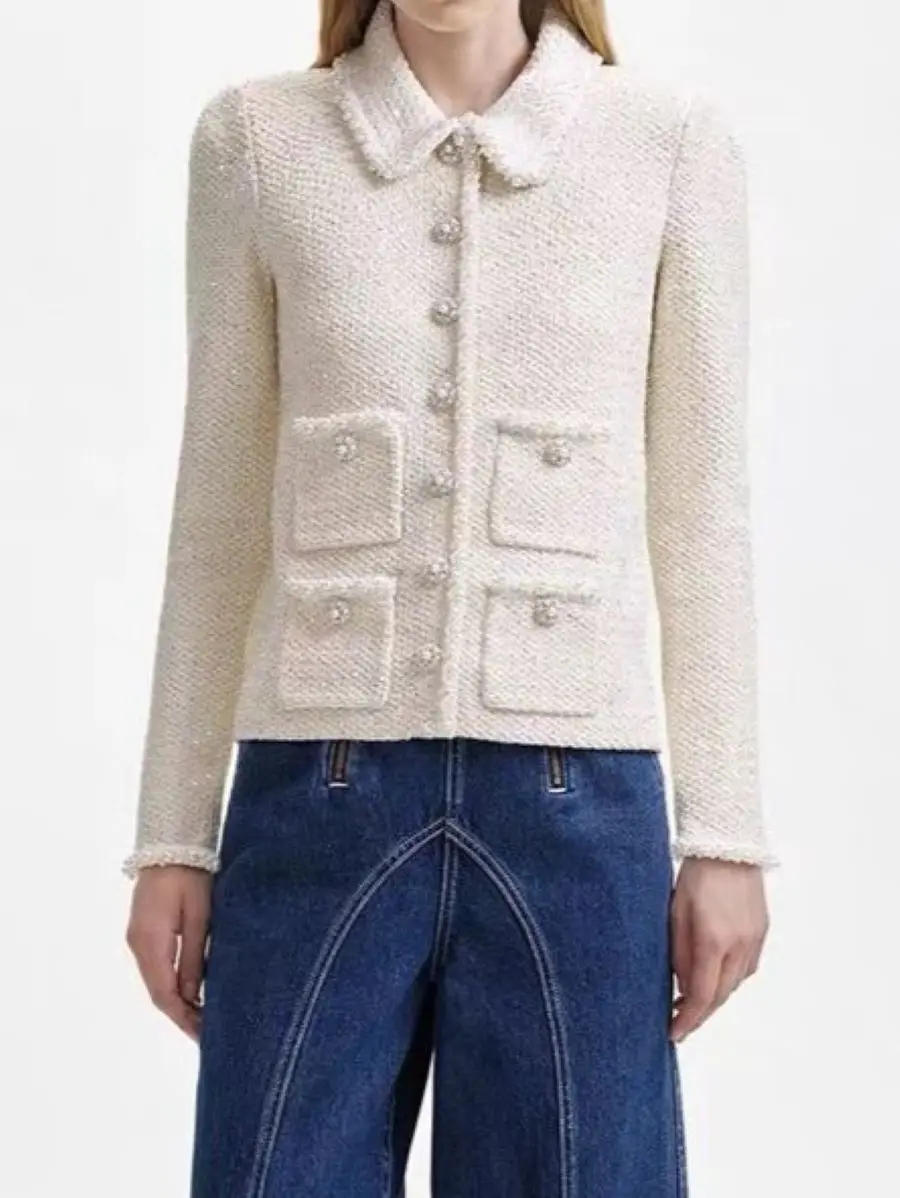 

Women Cardigan Pearl Decoration O-Neck Single Breasted Long Sleeve Female Sweet Knitted Coat
