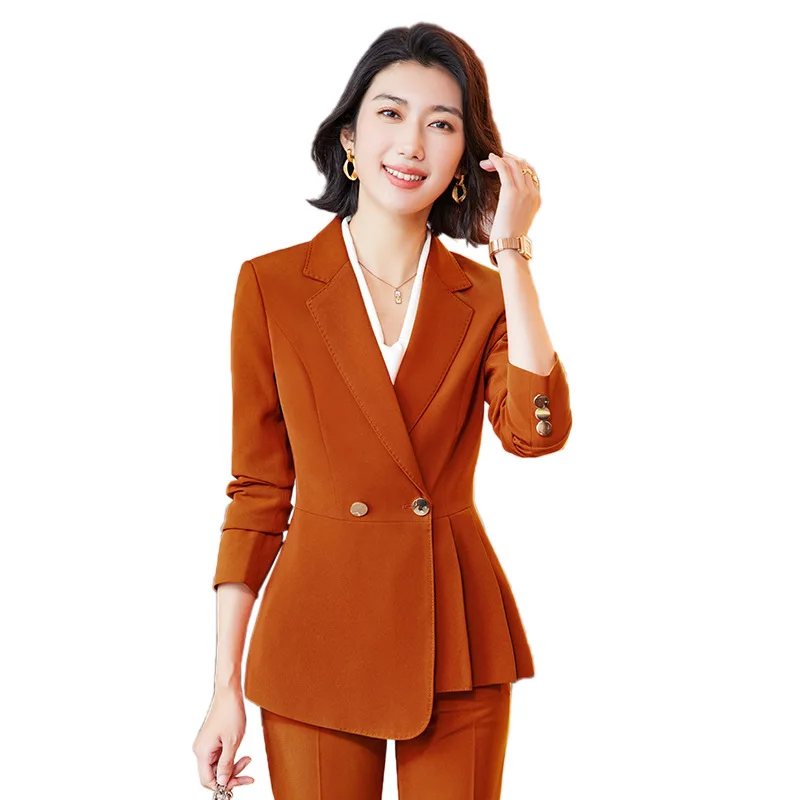 

Ladies Blazer And Pant Suit Women Coffee Orange Blue Black Solid Formal Jacket Trouser Female Business Work Wear 2 Piece Set