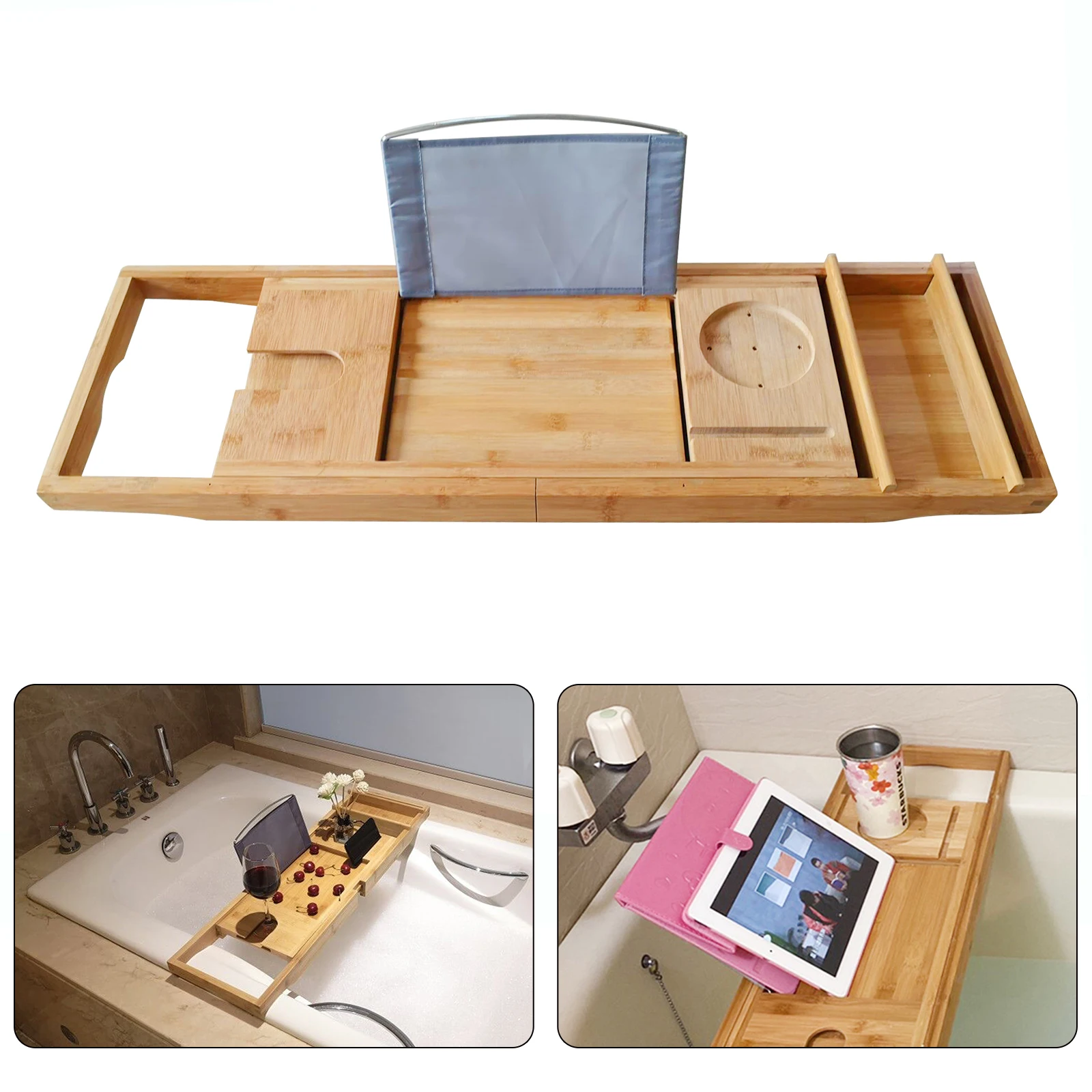 Wooden Bath Caddy Bath Board Shelf Tablet/Phone Red Wine Cup Slot Holder Tray