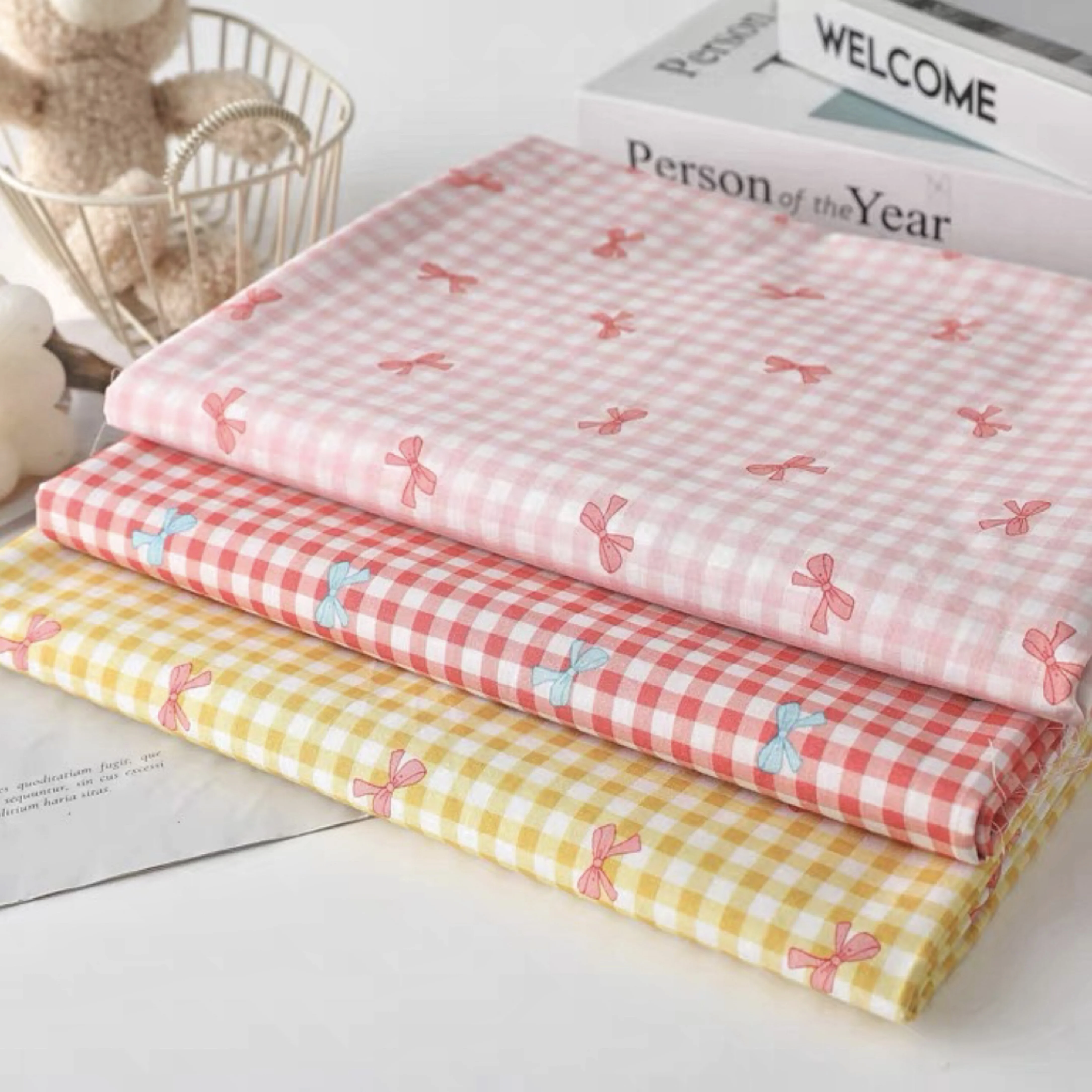 Colorful Checkered Bow Cotton Fabric 60S Printed Fabric for Making Dresses Shirts Pajamas Home and Children's Clothing Handmade Cotton Fabric