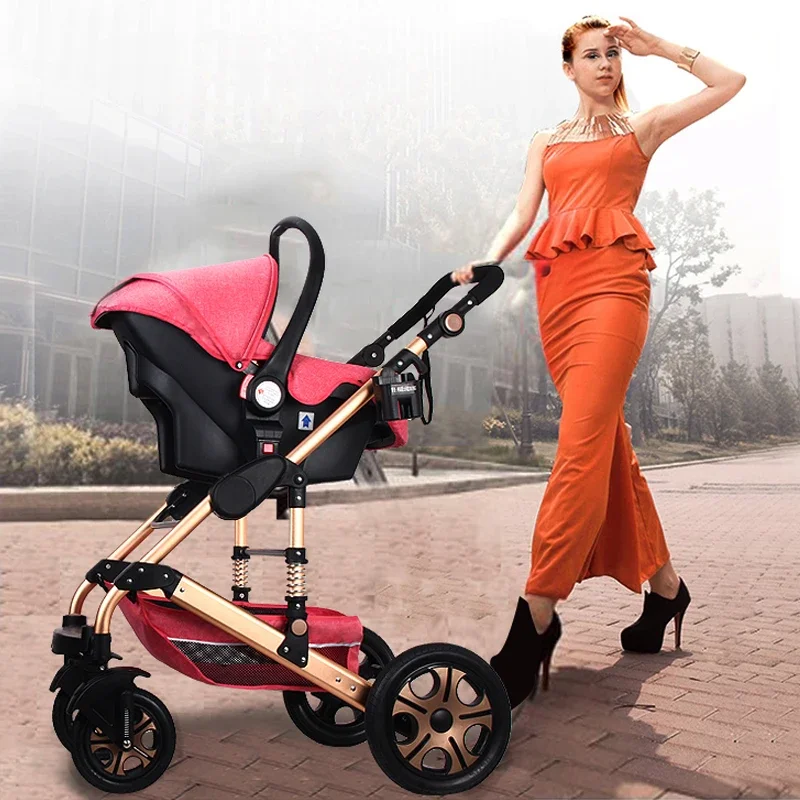 Luxury Baby Stroller 3 in 1 Infant Stroller Set Portable Reversible High Landscape Baby Carriage Trolley Travel Pram 7Gifts
