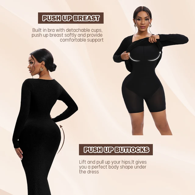 Women Long Sleeve Maxi Shapewear Slips Dress Slimming Waist Hip Enhancer Body Shaper With Built In Bra 3