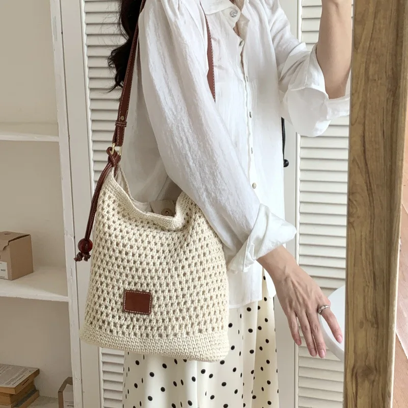 Beach Summer Bag for Women Mesh Woven Shoulder Bag Adjustable Strap Handbag Large Capacity Tote Bag for Travel Vacation