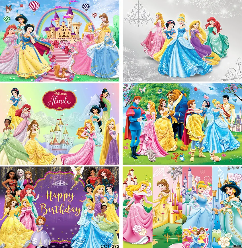 

Disney Princess Girl Birthday Party Customizable Photography Backgrounds Vinyl Cloth Backdrop for Baby Shower Wedding Backdrop