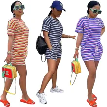 

Casual Women Tracksuit Matching Set Striped Biker Two Piece Set Shirt And Short Pants Clothes For Women Outfit