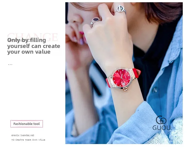 Orologio da polso al quarzo da donna alla moda GUOU con cinturino in vera pelle, diamanti, strass, calendario, lente d'ingrandimento, orologio da donna_voghion.com