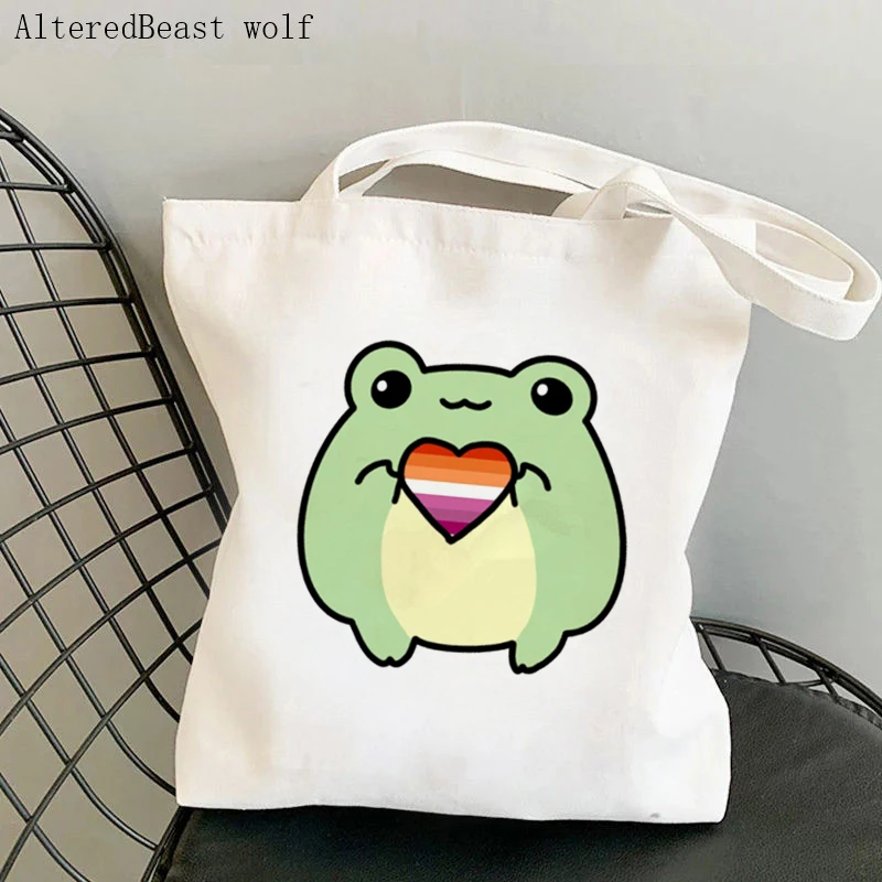

Women Shopper bag Kawaii Pride Frogs Lesbian Flag Bag Harajuku Shopping Canvas Shopper Bag girl handbag Tote Shoulder Lady Bag