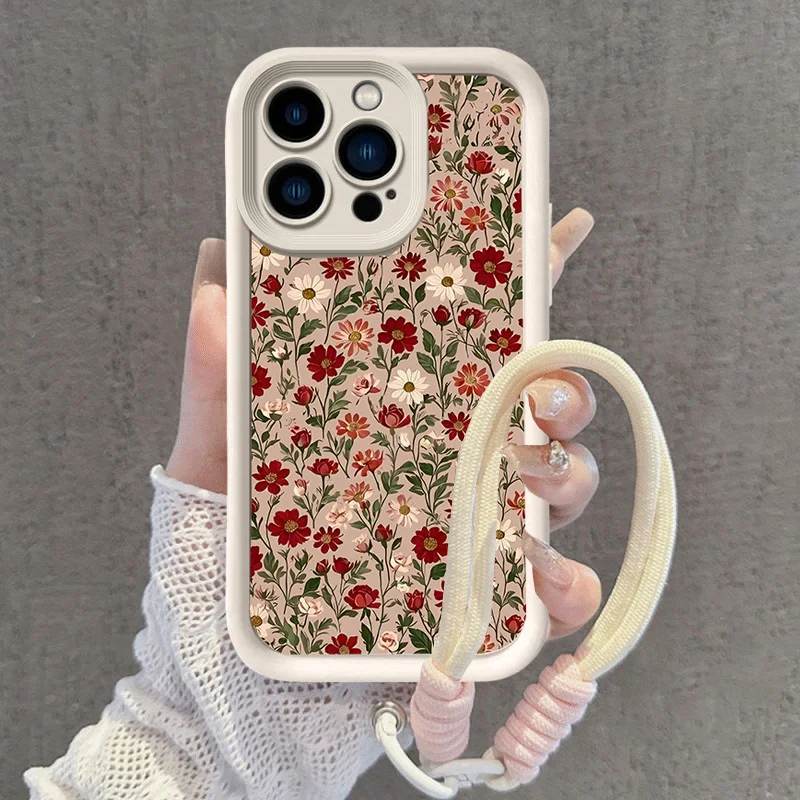 Retro Flower Strap Lanyard Phone Case with TPU Cover