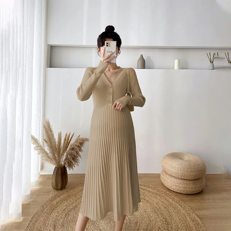 Autumn and Winter Maternity Clothing Long Sleeve V-Neck High Waist Button Fly Pregnancy Knitting Dresses Women Sweaters Knitwear