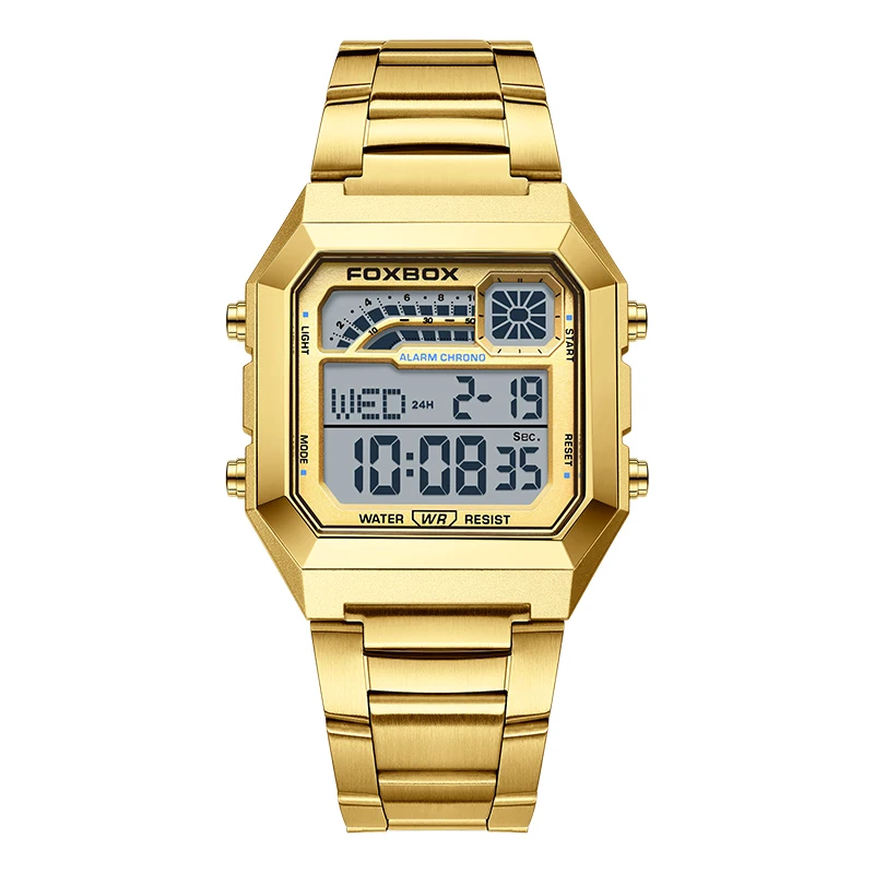 FOXBOX Luxury Square Stainless Steel Waterproof Digital Watch