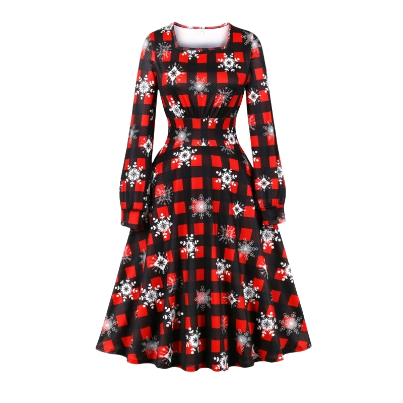 Spring and Autumn Christmas Party Square Neck Waist Long Sleeve Christmas Print Dress