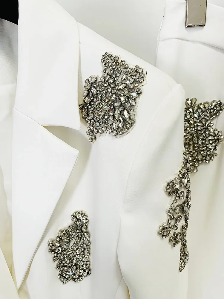 HIGH QUALITY Newest 2024 Designer Suit Women  Beaded Diamonds Single Button Suit Blazer Wide-leg Pants Set 2PCS 5