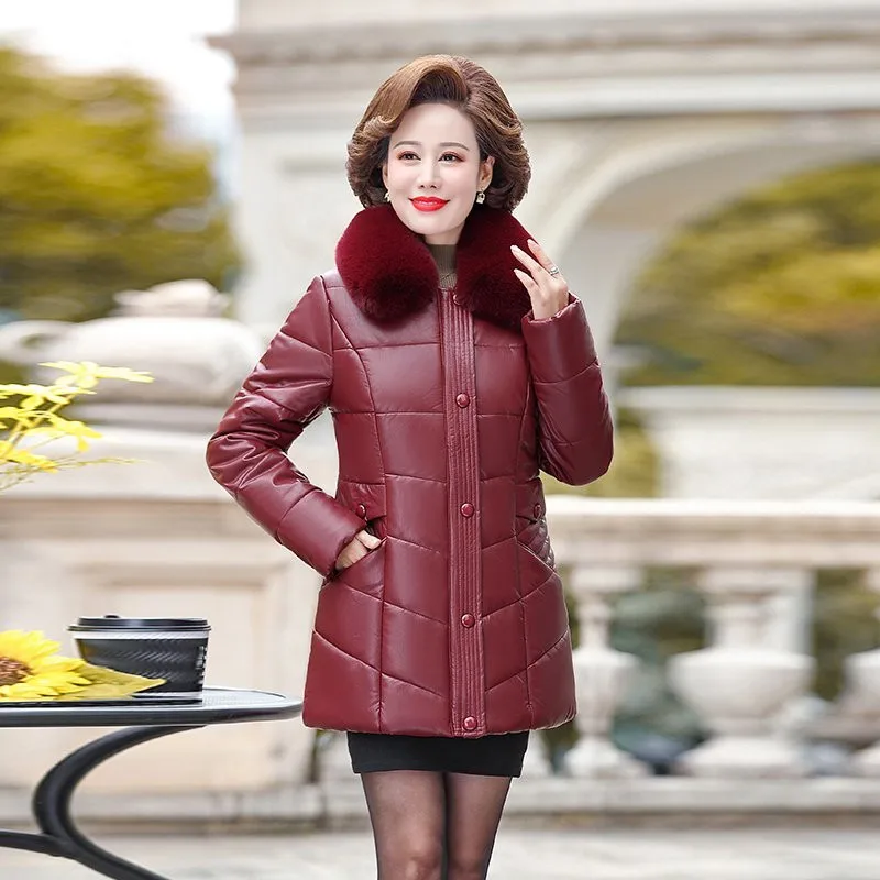 

New Women Long Leather Overcoat Winter 2022 Mother Sheepskin Coat Thicken Warm Fur Collar Hooded Jacket Outerwear Female