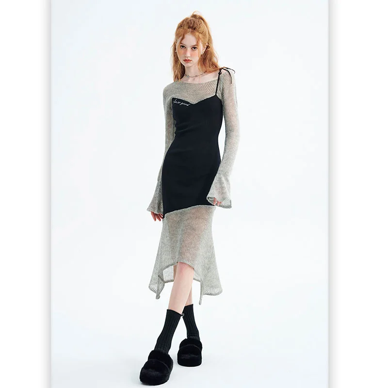 

Fashionable Avant-garde Design False Two-piece Patchwork Irregular Fishtail Wool Sling Dress Streetwear Women Clothing Sexy