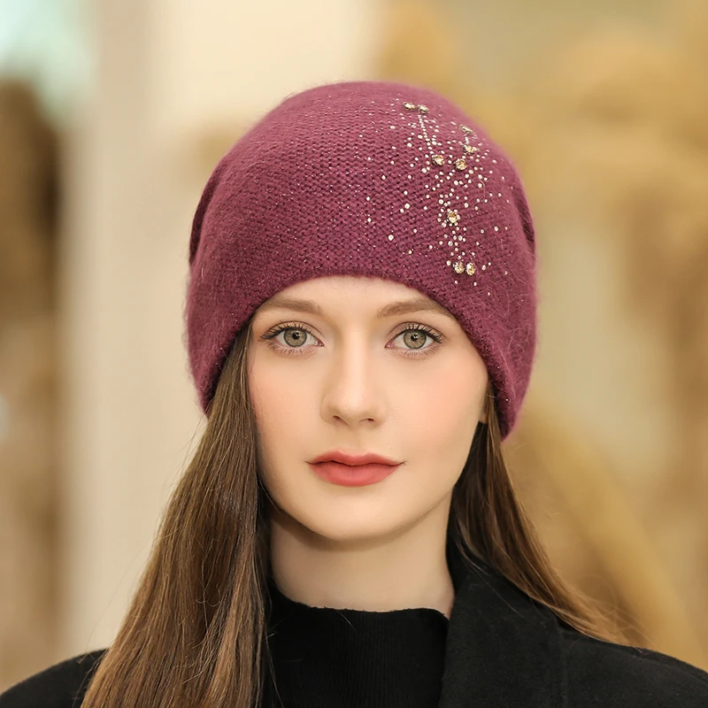 New Winter Hat For Women Fashion Rhinestones Beanie Hat Rabbit Fur