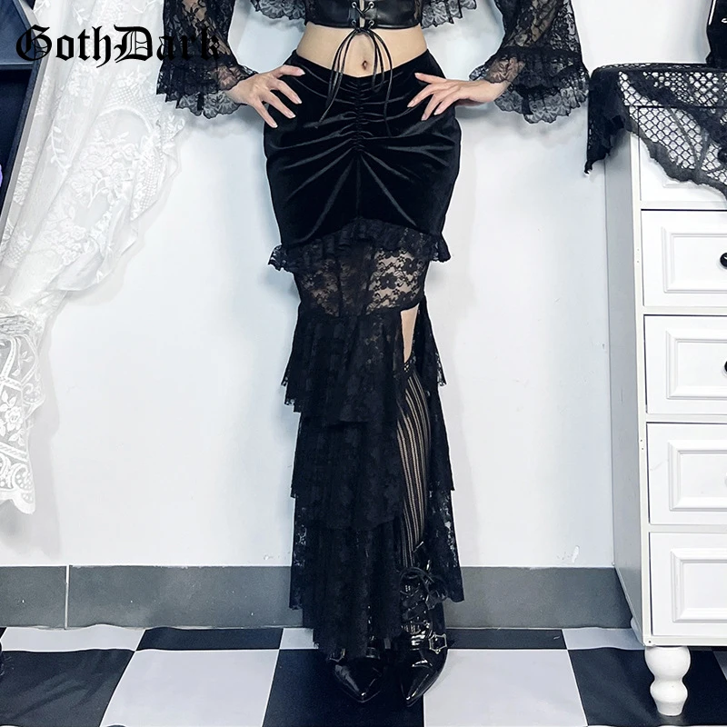 Goth Dark Pastel Goth Velvet Patchwork Lace Bodycon Skirt 90s Grunge Pleated Hem Split Skirts Women Alt Cloth Fairy Bottoms Slim 1