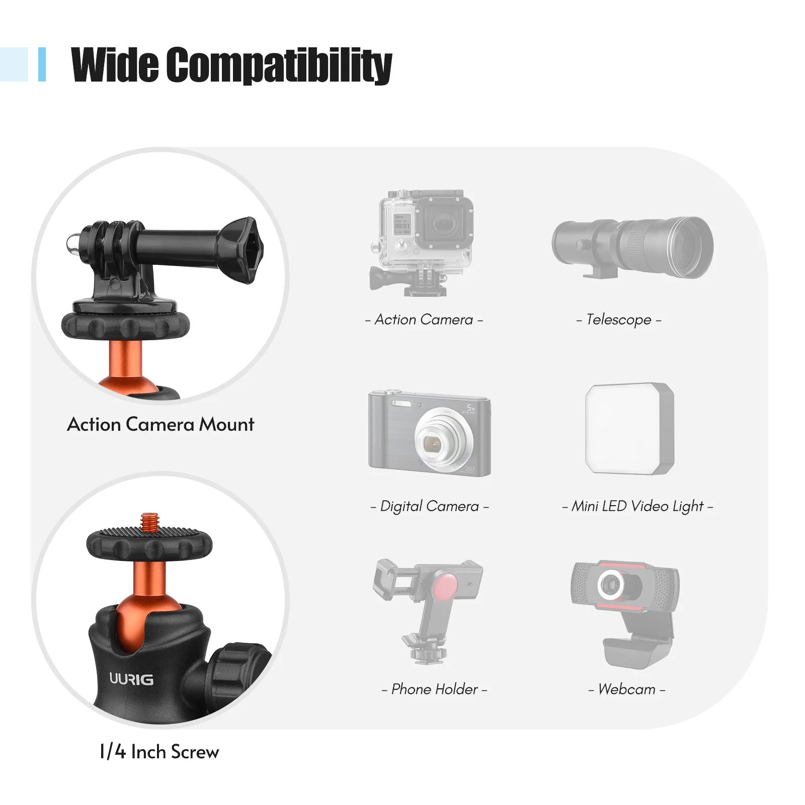 Tripod Ball Head UURIG BH-07 Mini 1/4" Magnetic Base For DJI/GoPro Hero 12/11/9/Insta360 Action Sports Camera