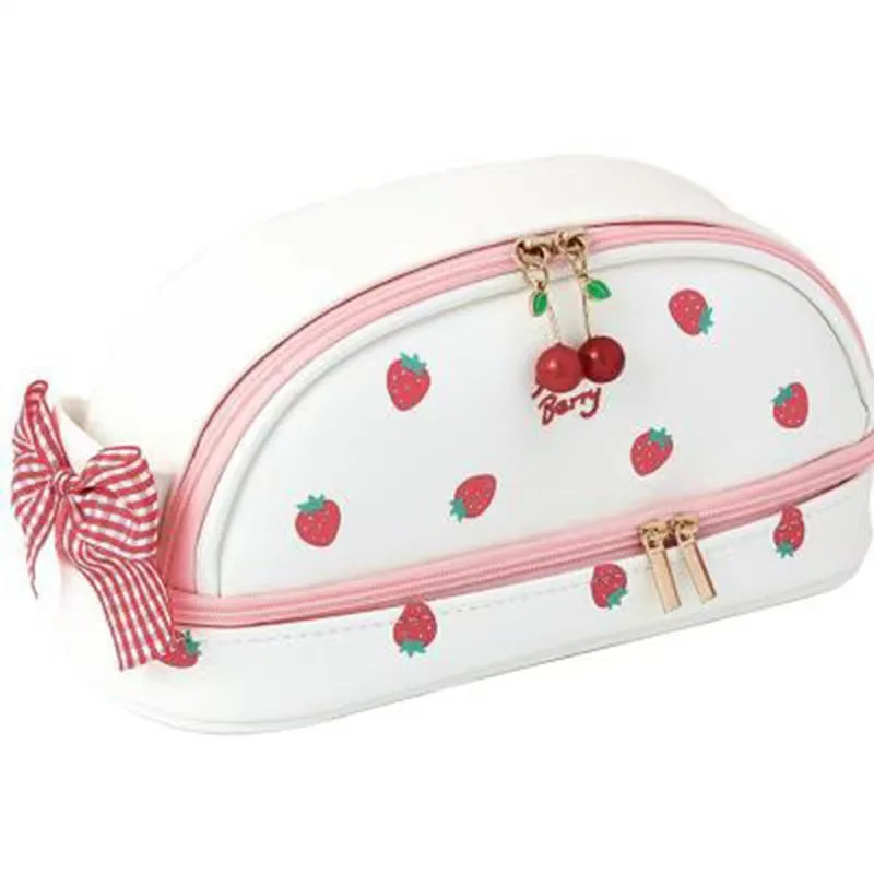 Pink Strawberry Pen Bags Cute Doule Layers Large Capacity Pencil Cases With Bows Designs Ins Style School Stationery Supplies