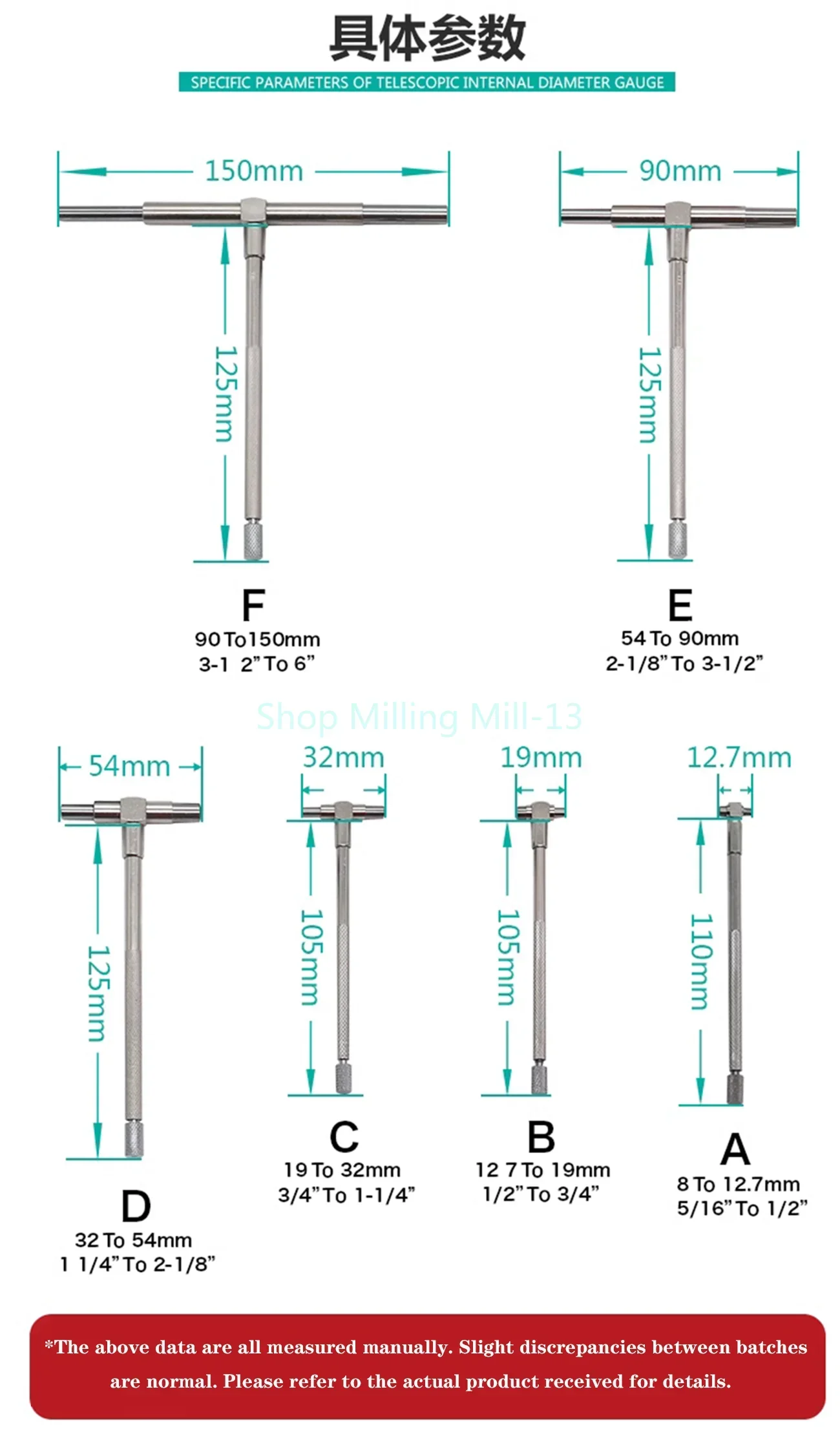 8-150mm( 5/16"-6") Telescoping Gauge Set, 6pcs/set, Internal Gauge, Hole Gauges for Quick Inside Measurements of Holes Tool