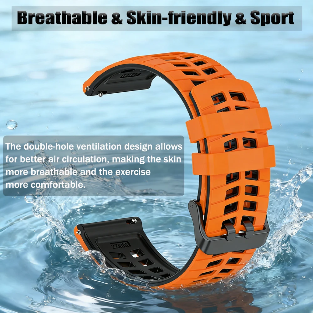 Breathable Silicone Sport Watch Band, 22mm