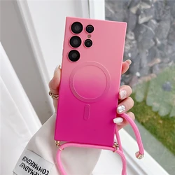 Gradient Pattern Magnetic Wireless Charging Necklace Lanyard Matte Silicone Case - S25 (Pink Rose)