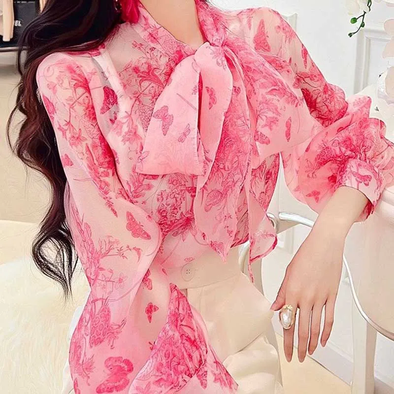 

Elegant V-Neck Lantern Sleeve Lace Up Bow Blouses Women's Clothing 2024 Spring Summer New Loose Korean Tops Office Lady Shirts