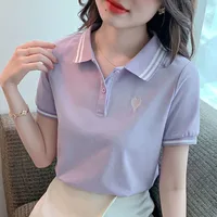 Polo Neck Shirt for Women100℅ Cotton  Woman T Embroidery Button Graphic Slim Korean Clothing Trend 2025 Youthful Elegant Style